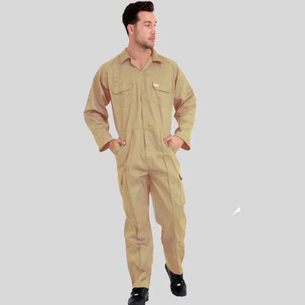 Economical Low Price Industrial Coverall Uniform Without Tape Beige 100 Percent Cotton 200 GSM in Saudi Arabia