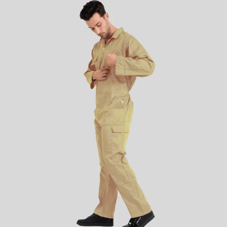 Economical Low Price Industrial Coverall Uniform Without Tape Beige 100 Percent Cotton 200 GSM in Saudi Arabia