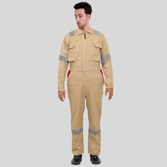 Industrial Uniform Six Functional Pockets Cotton Coverall Beige Red 100 Percent Cotton Comfortable Light Weight in Saudi Arabia