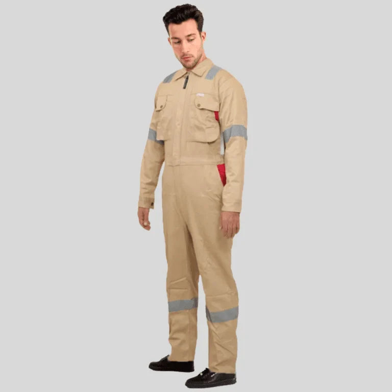 Industrial Uniform Six Functional Pockets Cotton Coverall Beige Red 100 Percent Cotton Comfortable Light Weight in Saudi Arabia