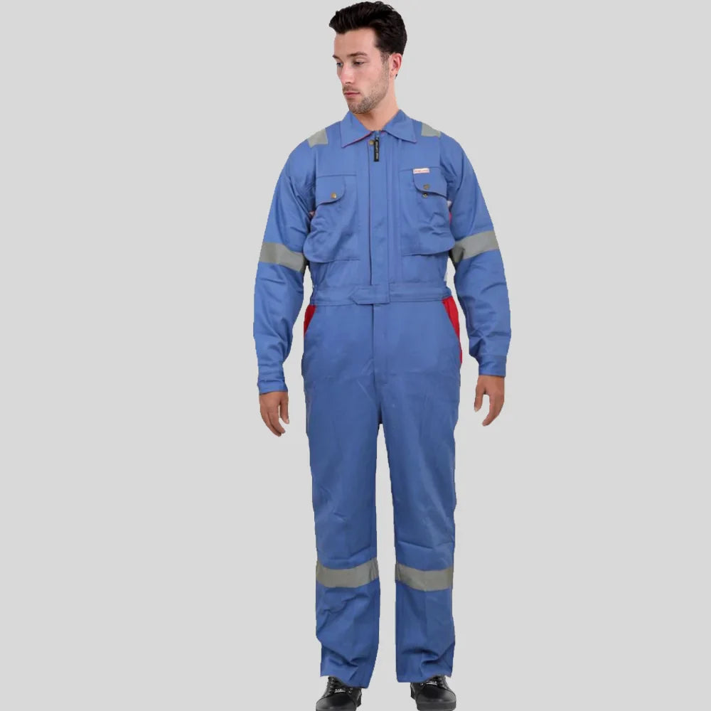 Industrial Uniform Six Functional Pockets Cotton Coverall Sky Blue Red 100 Percent Cotton Comfortable Light Weight in Saudi Arabia