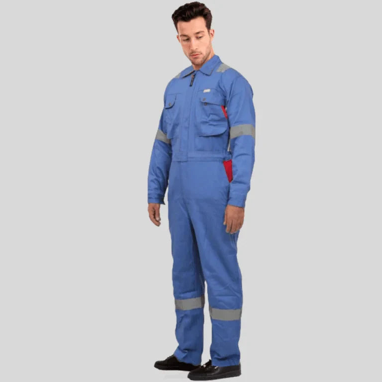 Industrial Uniform Six Functional Pockets Cotton Coverall Sky Blue Red 100 Percent Cotton Comfortable Light Weight in Saudi Arabia